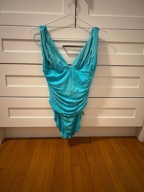 Carmen Marc Valvo Turquoise One-Piece Swimsuit with cover up shirt